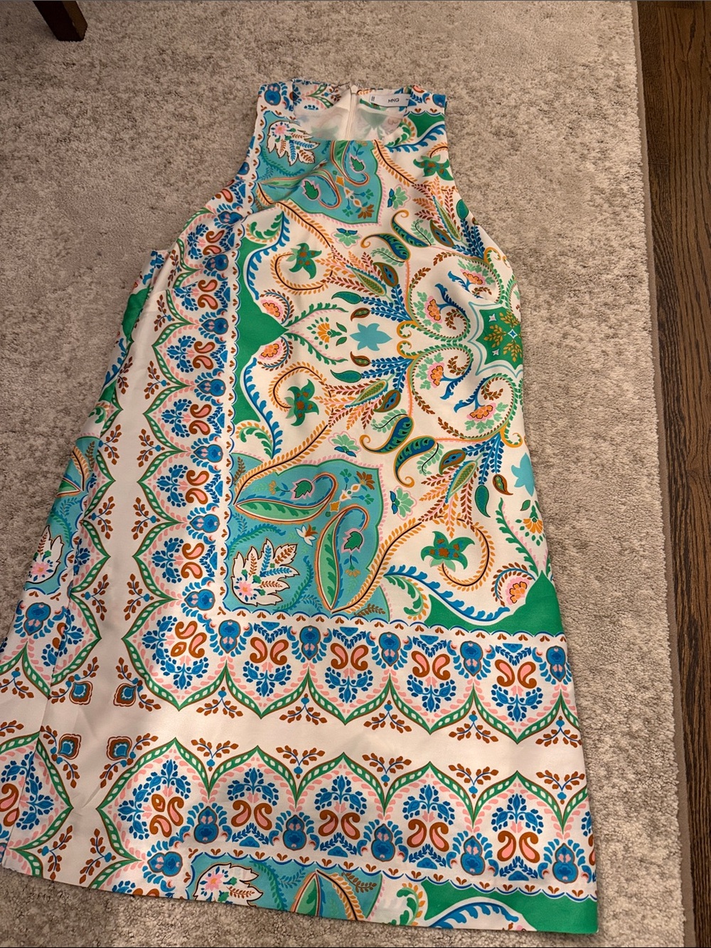 Mango White Dress with Teal, Green and Blue Paisley Print